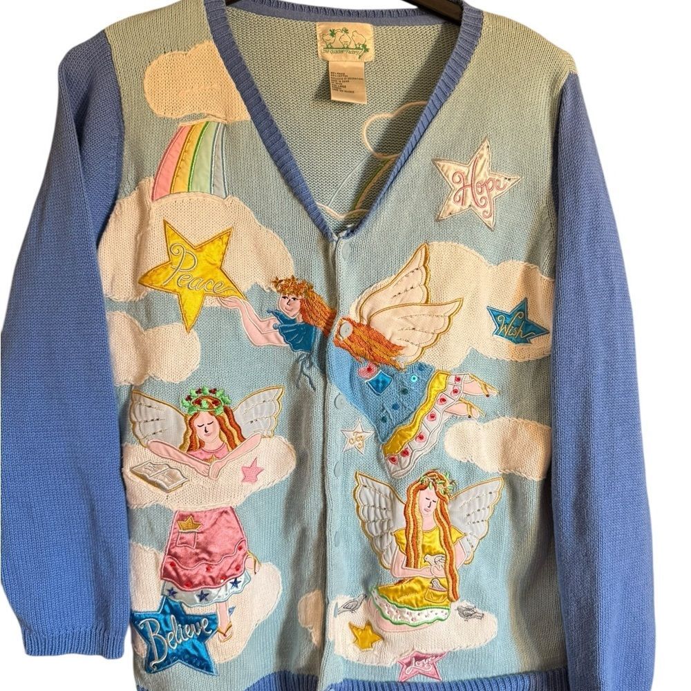 The Quacker Factory Blue Whimsical Angel Knit Button Up Sweater Size Large